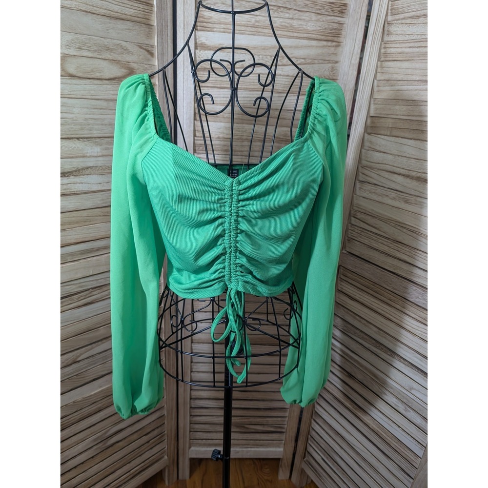 Boture M Women's Tops Puff Sleeve Sexy Close Fitting Drawstring V neck